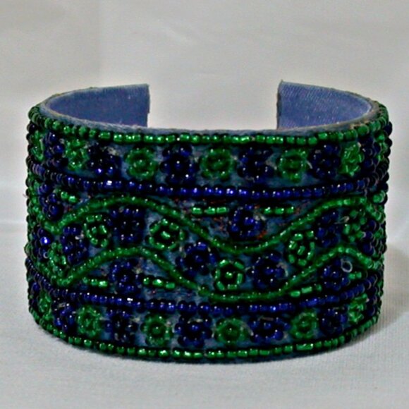 Green & Blue Handmade Hand Beaded Vintage Indian Bangle Bracelets - Picture 1 of 1